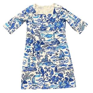 Nautical Print Shift Dress – Blue & White Coastal Scene, Size Small, 3/4 Sleeve